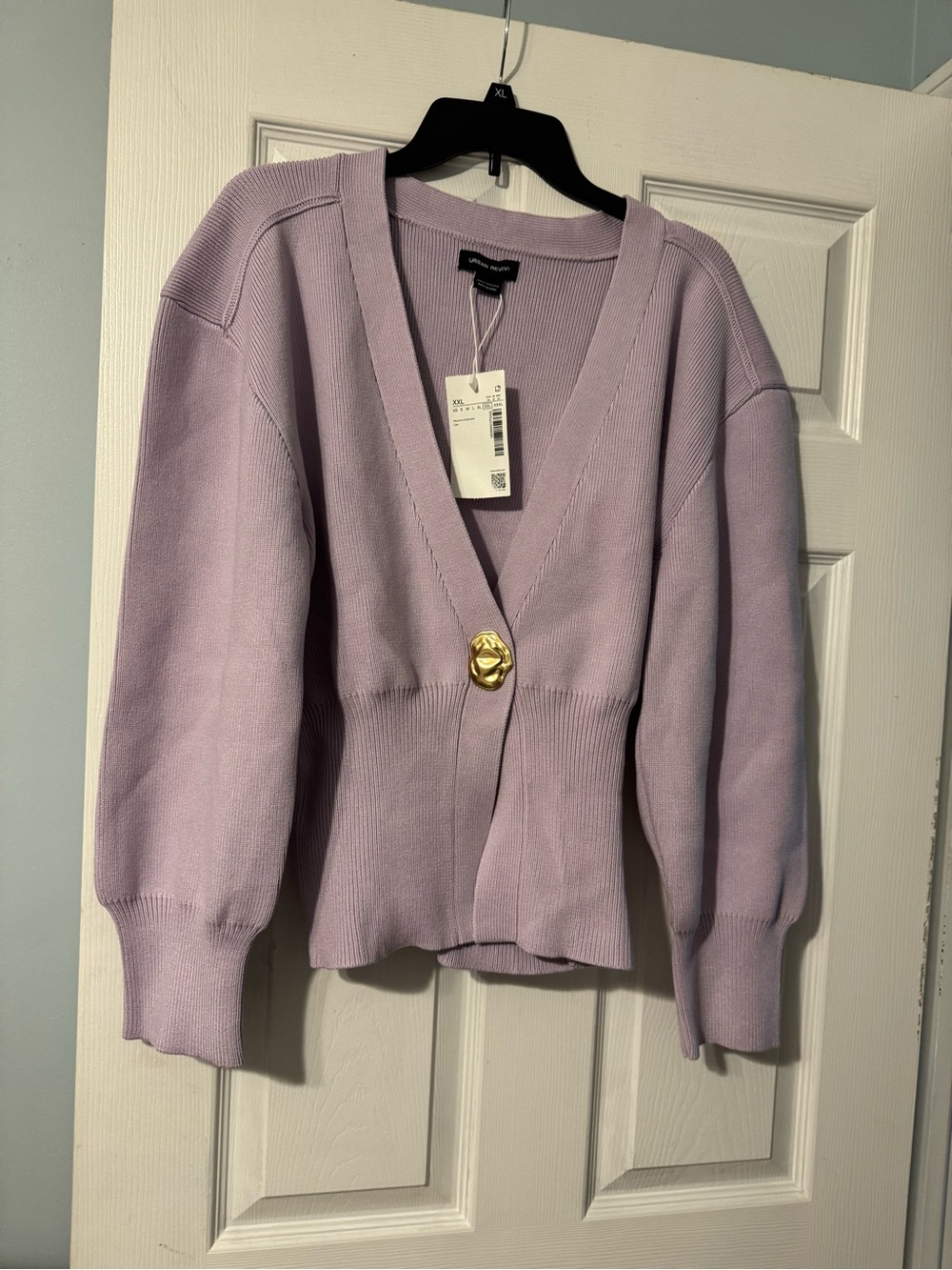 V-Neck Lavender Knit Cardigan with Decorative Gold Button